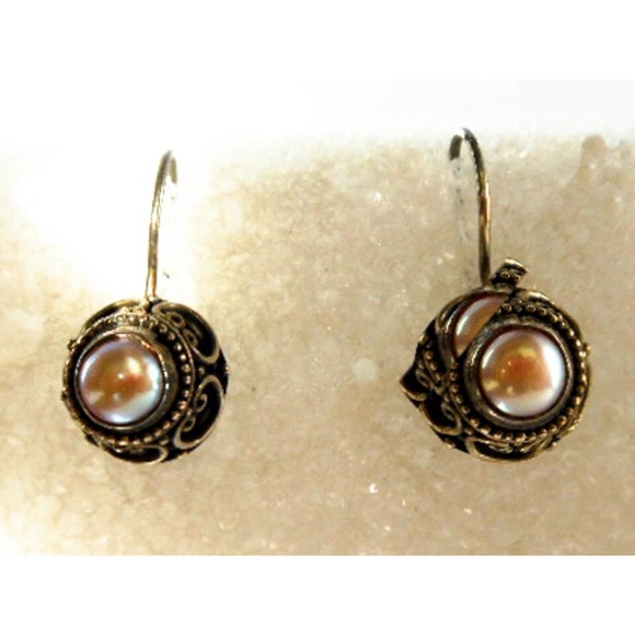 Vintage Sterling Silver Round Pearl Drop Earrings , Cultured Pearls - Picture 1 of 5